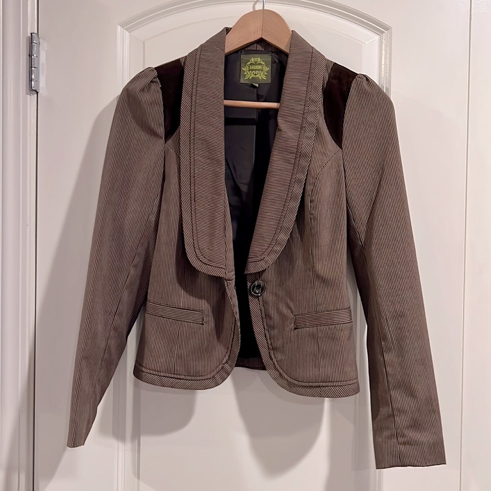 Brown pin-striped blazer with suede-like patches